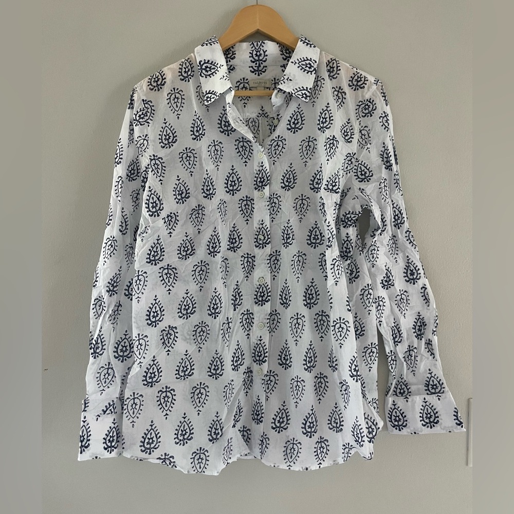 Talbots White And Blue Patterned Button Down Shirt - image 1